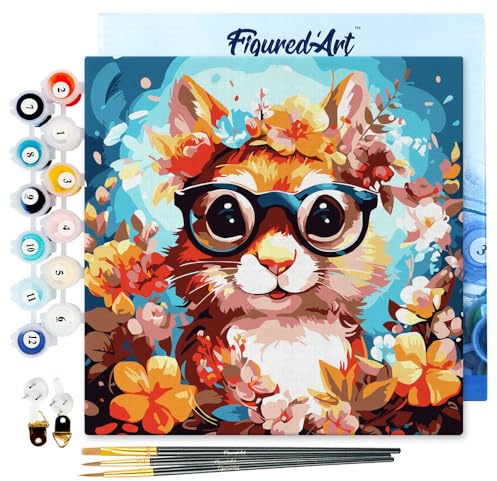 Figured'Art Mini Malen Nach Zahlen Erwachsene Mit Rahmen 20x20cm Kleines Format - Fantasie-Eichhörnchen und Blumen - Paint by Numbers Basteln DIY Bastelset Leinwand gespannt auf Holzrahmen