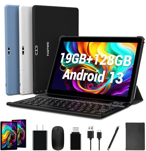 FASTWD 10 Zoll Tablet Android 13, 19GB RAM+128GB ROM, 5G WiFi, 8MP+13MP, 1280*800 Incell, 8000mAh, FaceID, Mit Tastatur, Maus, Holster, Stift, Blau