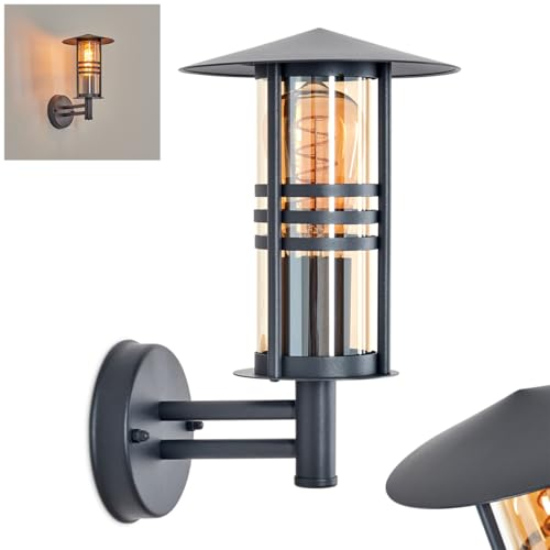 Außenwandleuchte Forli, Außenwandlampe aus Edelstahl/Glas in Anthrazit/Bernstein, klare Wechselscheiben, Leuchte im Industrial-Design für Garten/Außenfassade/Terrasse, 1x E27, ohne Leuchtmittel, IP44