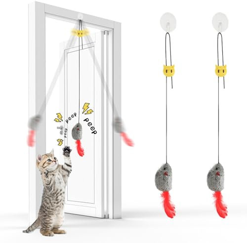 Cat Toys for Indoor Cats - 2 Pack Door Hanging Interactive Self Playing Toys With Squeaky Sound and Feather Tail, Chase Exercise Relief Mouse Toy, No Batteries Required