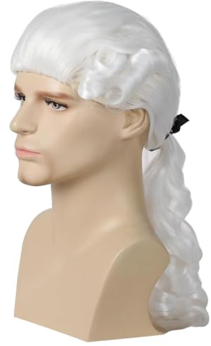 PORSMEER Herren Barock Perücke mit Zopf Beige Richter Rokoko Lockig Marquis Perücke für Faschings Halloween, Lange Welle Weiß Washington Kostüm Cosplay Wig(Weiße)