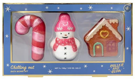 Holler and Glow Chilling Out Festive Bath Bomb 3-Piece Gift Set, Scented, Candy Cane, Snowman and Gingerbread House Shaped