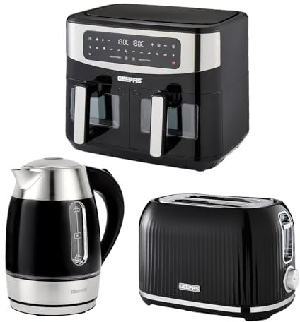 Geepas 1.7L Illuminating Electric Kettle 2 Slice Bread Toaster & 9.2L Digital Air Fryer Kitchen Combo Set | 2200W Rapid Boil Cordless Jug Kettle | 1000W Toaster | Oil Free Toaster Oven