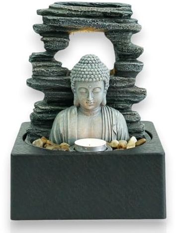 Water Feature Indoor Outdoor LED Fountain - Serene Waterfall Garden Decor in Polyresin, Weather Resistant Design with Pump & LED Light for Relaxation (Buddha Waterfall)