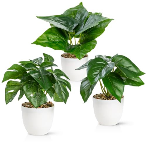 PASCH® 3er Set Kunstpflanzen wie echt (18cm) in bruchfesten Melamintöpfen | Kunstpflanzen im Topf | Künstliche Pflanzen im Topf | Kunstblumen Fake Plant