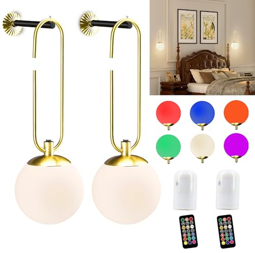 IMVSINCERE Applique Murales, 2 pièces Lampe Murale Sans Fil avec batterie rechargeable 12000mAh, boule de verre RGB à intensité réglable alimentée par batterie avec télécommande,150mm⌀