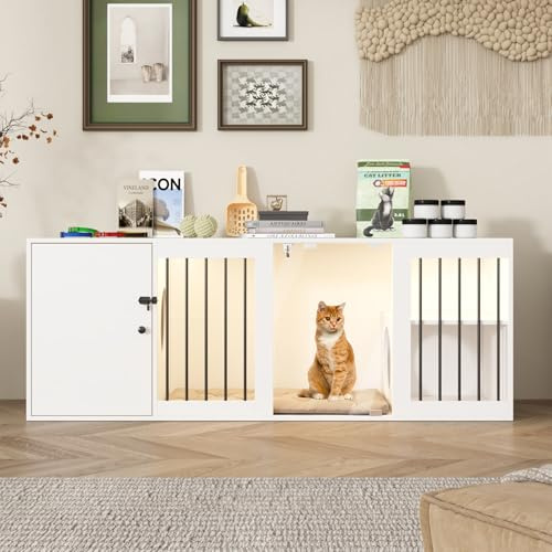 Katzenkäfig,Katzenkloschrank mit 2 Löchern,Katzenhaus für Katzentoilette,Katzenschrank mit 3 Räumen,Abschließbare Glastür,für 1-2 Katzen,Weiß,160x50x57cm,MDF