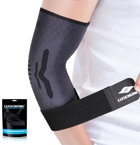 Lusenone Elbow Support with Strap for Women/Men, Elbow Compression Sleeve, Adjustable Tennis Elbow Brace Support for Tennis/Golfers Elbow, Tendonitis, Arthritis Relief, Weightlifting, Gym, XL