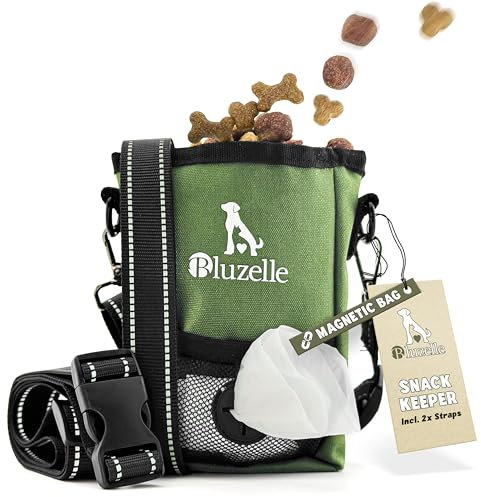 bluzelle SnackKeeper Multifunzione, Borsa Porta-Premi con Chiusura Magnetica, Tasca da 650ml per Crocchette, Marsupio con Dispenser Sacchetti, Borsa a Tracolla da Addestramento, Colore:Verde Oliva