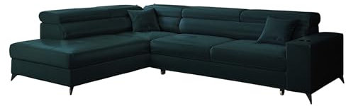 KP-Meble - Ecksofa mit Schlaffunktion und Bettkasten - Sofa L Form - 269 x 202 cm - mit 5 verstellbaren Kopfstützen & Becherhalter - Big Sofa, Relaxsofa, Langer Dunkel Türkis - Links