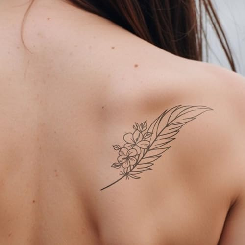 Inkster Tattoo - Feder mit Blumen - vegane & wasserfeste Temporäre Tattoos für Erwachsene - EU-Kosmetikzertifizierte Farbe - revolutionäres 2 Wochen Tattoo | Premium Klebetattoos