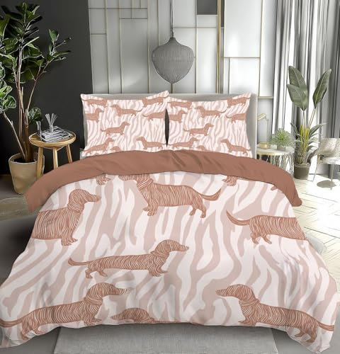 Single Duvet Cover Sets Rose Gold Dachshund Quilt Covers Zebra Print Reversible Printed Bedding Set with Pillowcases and Zipper Closure, for Boys, Girls and Children 135x200cm, Rose Gold