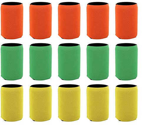 15 pezzi di manicotti refrigeranti in neoprene per lattine di birra, isolati e impermeabili, per feste all'aperto, campeggio, spiaggia, 5 colori, giallo, verde, arancione