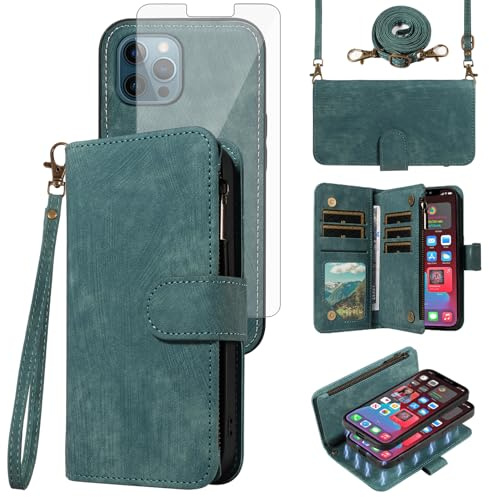 Phone Case for iPhone 12 Pro iPhone12 6.1 Zipper Wallet Magnetic Detachable Cell Cover with Screen Protector Crossbody Lanyard Strap Flip Card Holder Slot iPhone12pro 5G i 12s 12pro Women Girls Blue