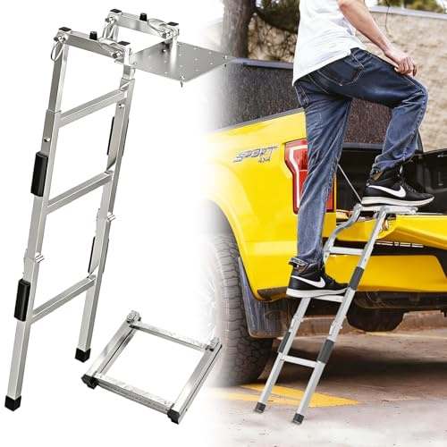 Heckklappenleiter für Pickup-LKW, Bett, universelle Passform, rostfreie Edelstahl-LKW-Stufe, verstellbar, 114,3 cm, faltbare Leiter und rutschfeste Aluminium-Stufen, selbstbohrende Stahlschrauben