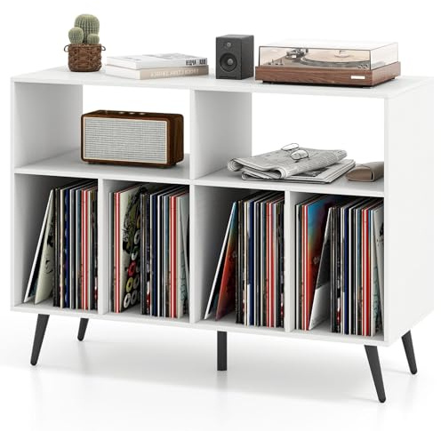 KOMFOTTEU Supporto per Giradischi a 3 Livelli, Mobile Vinili con 4 Scomparti e 2 Ripiani Aperti, Espositore per Dischi con 5 Gambe in Metallo (Senza Stazione di Ricarica, Bianco)