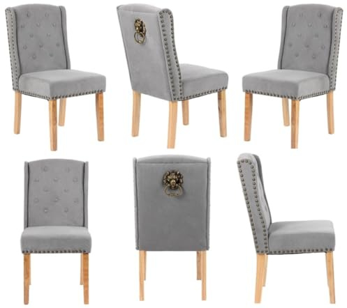 MILLIES DESIGN Set of 6 FRANCESCA Luxury Velvet Dining Chairs, Luxury Velvet Chairs 12 Button backrest, studded detailing, Lion head knocker, wooden legs (GREY VELVET)