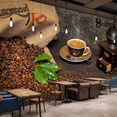 PaxGloz Fototapete Café Küche 3D Kaffee Tapete Bohnen Tasse Mühle Coffee Tapeten Vliestapete Modern Wandtapete Wohnzimmer Schlafzimmer Caféhaus Wanddeko Motivtapeten 250 x 175 cm (B x H)