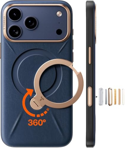 TORRAS Ostand Q3 VegSkin für iPhone 17 Pro Hülle (Nachhaltig Silikonleder) (360° Magnetischer Unsichtbarer Ständer) Premium Haptik Langlebig Hülle iPhone 17 Pro Case Edle Lederstruktur Blau