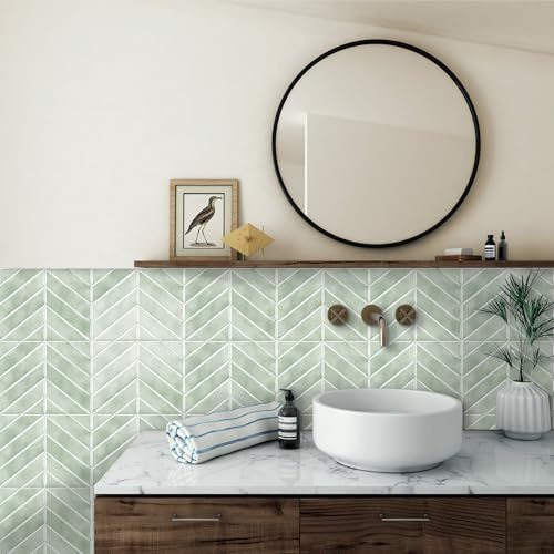 Alwayspon 23x29cmx10pcs Pale Green Herringbone 3D Vinyl Wandaufkleber für Wandfliesen, Abziehen und kleben, selbstklebend, wasserfest, spritzwassergeschützt, für Fliesen, Küche, Badezimmer