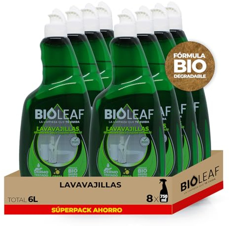 BIOLEAF – Lavavajillas Pack 8×750 ml (6 L) | Potente contra Grasa Difícil | Vajilla Brillante Sin Residuos | Biodegradable y Dermatológicamente Testado
