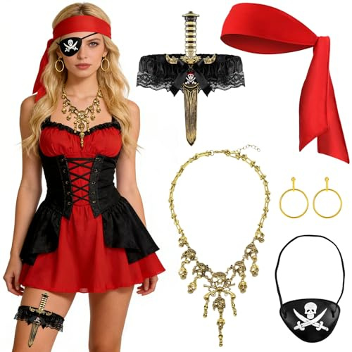 Piratenkostüm Damen - 5 Piraten Kostüm Zubehör Set für Karneval Halloween | Pirat Kopftuch Augenklappe Piraten Kette Ohrringe Pirat Dolch Strumpfband,für Karneval Halloween Cosplay Mottopartys