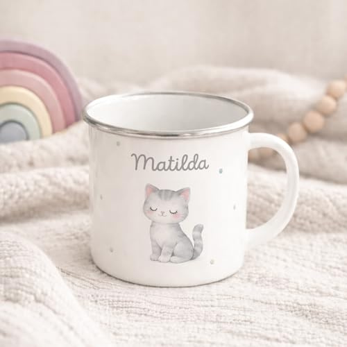 hellomini Personalisierte Emaille Tasse für Kinder, Kindertasse mit Wunschmotiv, Kinderbecher mit Namen, Geschenk zum Geburtstag für Mädchen und Jungs, (Katze)