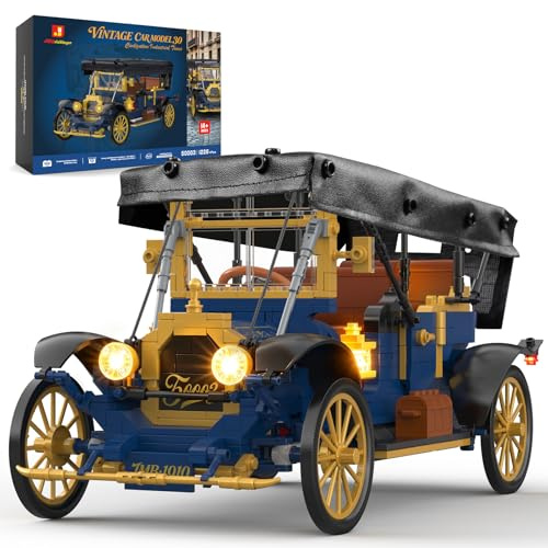 JMBricklayer Retro Car Model Building Kits with Light, Vintage Cars to Build for Adult, Foldable Leather-Style Roof, 50003 Collectible Display Antique Vehicles Block Toy Gift for Classic Car Fan