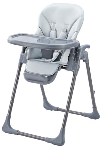 Baby Hochstuhl Klappbar & Höhenverstellbar, Komfort Kinderhochstuhl mit Liegefunktion, Faltbarer Hochstuhl mit Tablett, 5-Punkt-Gurt & Rollen, Platzsparend (Grau)