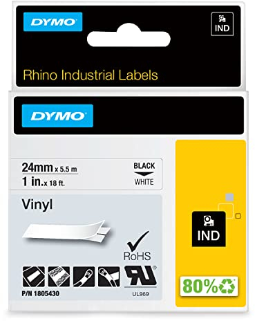 DYMO Rhino-Industrie-Vinyletiketten | 24 mm x 5,5 m | schwarzer Druck auf weißem Untergrund | selbstklebendes Schriftband