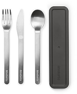 Brabantia - Set de Couverts avec Étui Make & Take - 3 pcs: Couteau, Cuillère & Fourchette - Design Compact Hygiénique - Acier Inoxydable - Lavable au Lave-Vaisselle - Kit de Voyage - Dark Grey