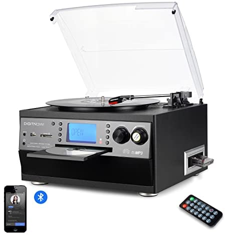 DIGITNOW! Giradischi in vinile Bluetooth Giradischi USB mp3 e Funzione di codifica Classica Lettore CD con Cassetta FM Radio,3 Velocità 33/45/78 RPM Altoparlanti Integrati Canale Stereo