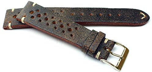 19mm Fluco Racing Rallye Vintage Rindsleder Uhrenarmband handgemacht in Deutschland Robust braun Weiße Naht