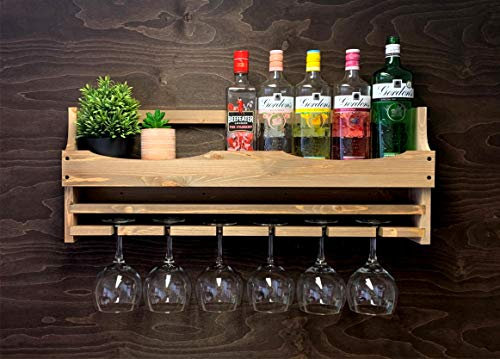ADD A PERSONALISED MESSAGE OR SLOGAN!! Laser Engraved Wooden Light Oak Gin Bottle and 6 Balloon Glass holder - Wall Mounted Display (6GWO)(EM)