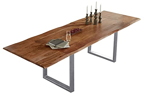 SAM Baumkantentisch 140 (220) x 90 cm Adina, Akazienholz nussbaumfarben & massiv, Esszimmertisch mit 2 Ansteckplatten, Silbernes U-Metallgestell, Platte 26mm