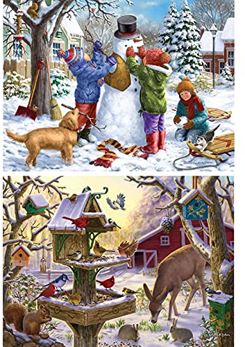 Bits and Pieces Vorteilsset mit zwei (2) 1000 Puzzleteilen für Erwachsene – jedes Puzzle misst 50,8 x 68,6 cm – 1000 Teile Schneemann Schneetag, Sonnenaufgang und WinterPuzzle vom Künstler Liz