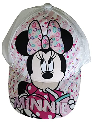 Minnie Maus Kappe Base Cap Mütze Sonnenhut mit Motiv Schleife, Konfetti und Glitzer für Kinder, Mädchen und Jungen (weiß, 54)