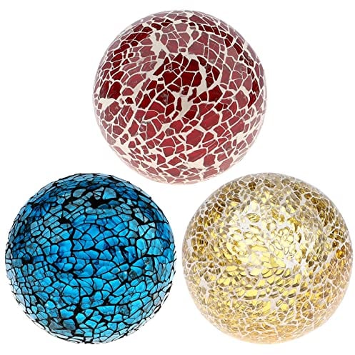Kepfire Round Glass Solid Sphere 3Pcs/8cm Mosaic Crackl Balls Vases Wedding Christmas Party Decorative (Red, Gold, Blue)