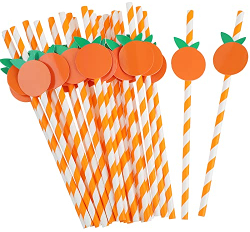 Vesici 100 Pcs Paper Straws Baby Shower Disposable Drinking Paper Straws for Baby Shower Decorations Birthday Party Supplies, 0.24 x 7.76 Inches(Orange)