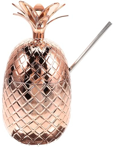 NUOBESTY Rose Gold Pineapple Cocktail Cup with Straw, 15.2oz Plastic & Stainless Steel Drinking Cup for Hawaiian Luau Party, Birthday, Beach Party