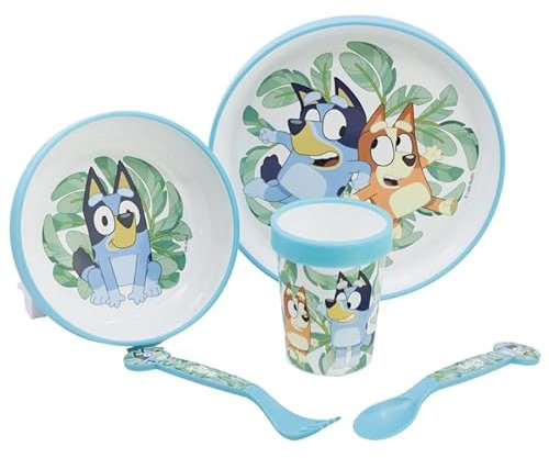 Vajilla infantil reutilizable antideslizante con base de silicona bicolor compuesto de plato, cuenco, vaso y cubiertos de Bluey