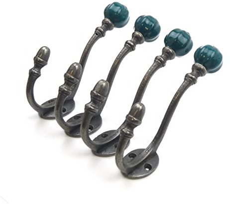 Oakcrafts - Ceramic Tipped Shabby Chic Cast Iron Coat Hook 125mm (Teal) - Pack of 4 Hooks
