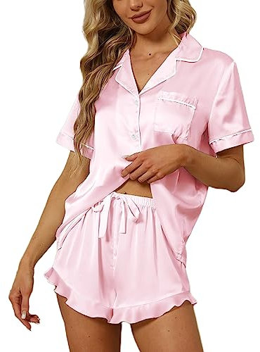 SAPJON Pyjama 2 pièces en satin de soie pour femme, col cranté à volants, vêtement de nuit boutonné à manches courtes, rose, Small