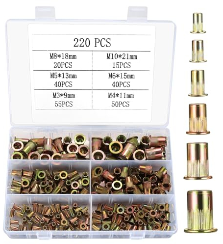 220 set di dadi rivetti, dadi filettati M3/M4/M5/M6/M8/M10 per inserti filettati in acciaio al carbonio a testa piatta rotonda, utilizzati per piastre metalliche, mobili in legno, ecc