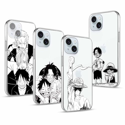 PBNDJVG 4 Stück Handyhülle für Apple iPhone 15 Hülle 6.1'' Anime Luffy Zoro Gear 5 Sun God Nika Ace Manga Muster Design Case Transparent Schutzhülle TPU Silikon Weich Ultra Dünn- 4 Pack