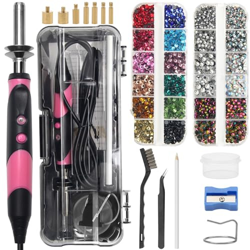 Anglekai Hotfix Rhinestone Applicator Tool, Hot Fix Tool for Bedazzler Kit | New-Upgrade Rapid-heating Hot Fix Rhinestone Setter for Crafts, 15 Color Rhinestone/ 7 Tips/ Tweezers/ Pencil/ Brush (Pink)