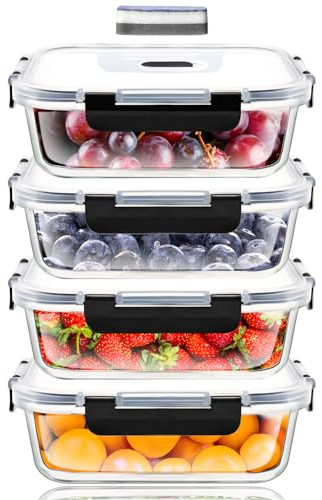 ERUIV Lot de 4 Boites Repas - Boites de Conservation Alimentaire Idéales pour Préparer des Repas Sains - Boites en Verre Hermétiques sans BPA - 4 Boites Alimentaires et 4 Couvercles Étanches
