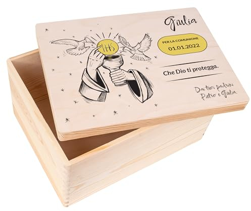 Creative Deco Personalisiert Kommunion Geschenke für Mädchen und Jungen - Holzkiste | Mehrere Kommunion Motiv | Individuelle Geschenk Erinnerungsbox | Erstkommunion Deko
