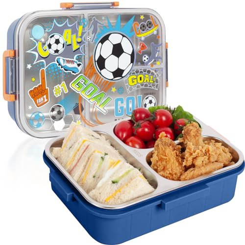 PinkSheep Lonchera Bento de acero inoxidable para niños, 800 ml, sin BPA, a prueba de fugas, con 3 compartimentos, para estudiantes, escuela, guardería, almuerzos/aperitivos (fútbol)