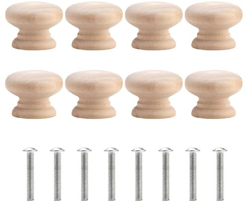 8 Pcs Wooden Door Handles, Round Mushroom Drawer Knobs, Natural Solid Wood Cupboard Knobs, for Cabinet, Wardrobe, Kitchen, Office Furniture (35mm)
